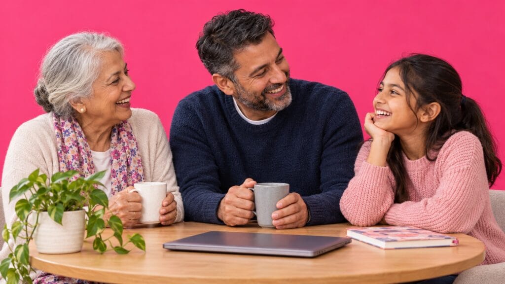 Three generations share a relaxed moment at a table against a bright pink background.