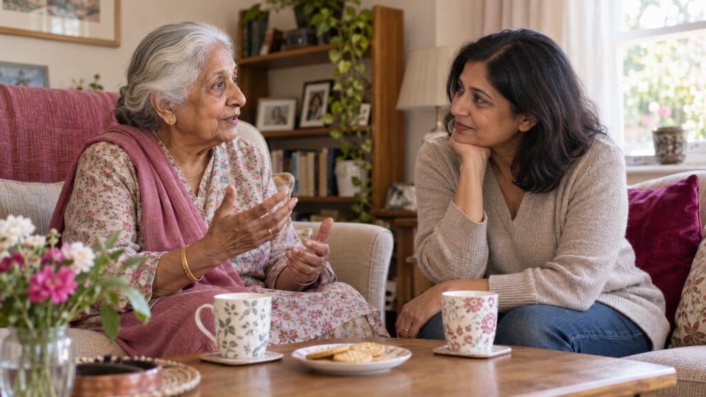 An older mother talks with her adult daughter over tea in a comfortable sitting room.